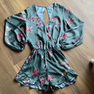 Show Me Your MuMu green floral long sleeve silky romper small